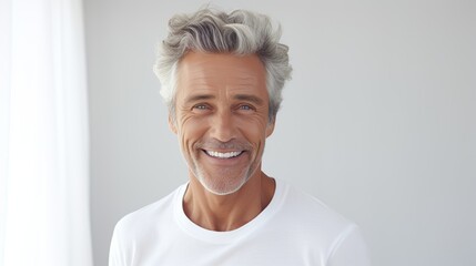 Elderly, older man with gray hair is laughing and smiling, mature old lady with healthy face ans skin and white teeth - obrazy, fototapety, plakaty