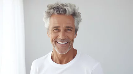 Foto op Plexiglas Elderly, older man with gray hair is laughing and smiling, mature old lady with healthy face ans skin and white teeth © DigitalDreamscape