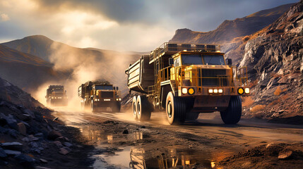 Heavy trucks operating in an open-pit mine, - obrazy, fototapety, plakaty