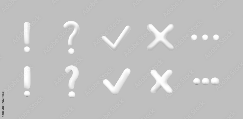 Aufkleber 3D exclamation and question mark, check and cross, tick and continue sign. 3d emblems with computer signs, check button, minimal button, ok and cross sign, message type symbol