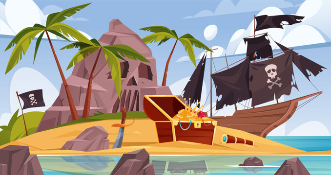 Pirate island with treasures and broken pirate ship. Vector palm trees and chest with gold coins on uninhabited island. Cartoon sea landscape with sail boat after shipwreck with skull on black sails