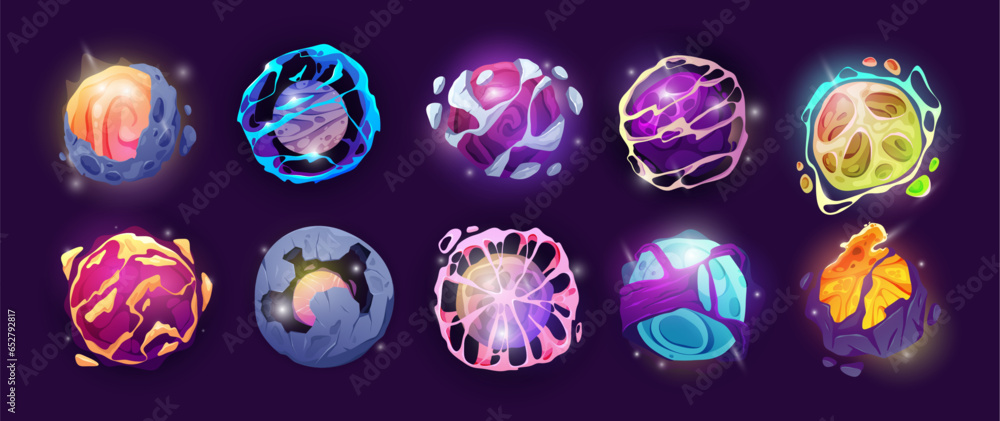 Poster magic spheres, energy balls with mystic glows, cartoon shiny circles for game design. vector spheres