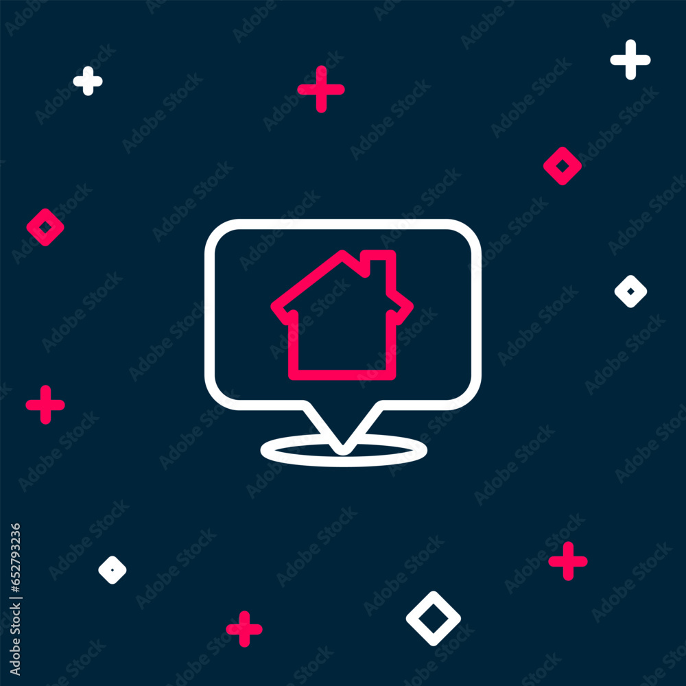 Poster line map pointer with house icon isolated on blue background. home location marker symbol. colorful 