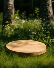 Wooden pedestal for display,Platform for design,Blank product stand on lawn with Trees shadow on the wall .3D rendering.