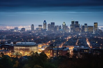 Fototapeta premium A panoramic view of a bustling urban skyline at dusk