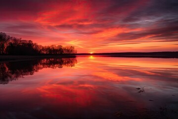 Fototapeta na wymiar A striking sunset over a calm lake reflecting