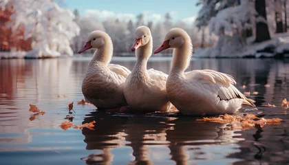 Badkamer foto achterwand swans on the lake in a snowy forest during winter time. Winter landscape. Winter paysage. Frozen lake. swan in winter time. swan.  © Divid