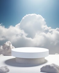 White podium stage stand for product placement on a sky background 3d render