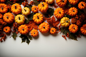 Festive autumn decor of pumpkins, berry and leaves on light background. The concept of Thanksgiving or Halloween
