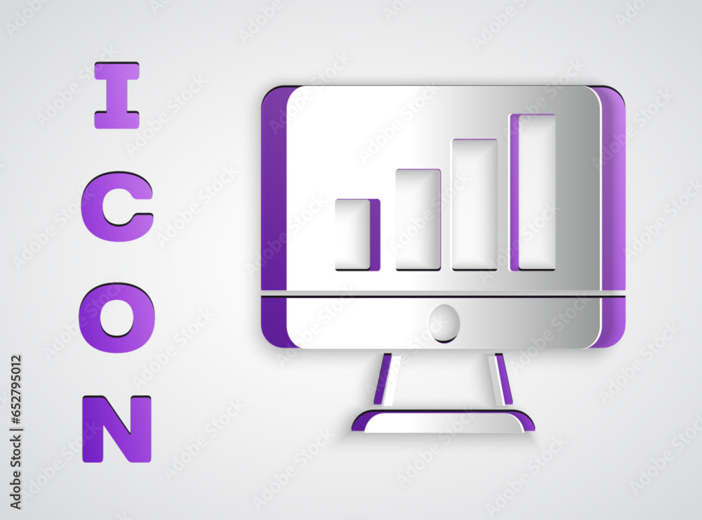 Poster paper cut computer monitor with graph chart icon isolated on grey background. report text file. acco