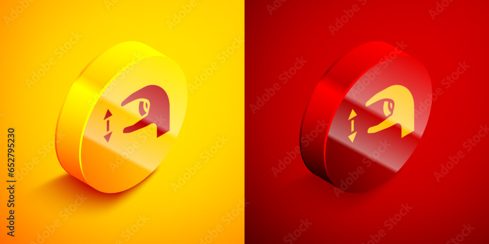 Poster isometric human standing and showing the size of something with his hands icon isolated on orange an