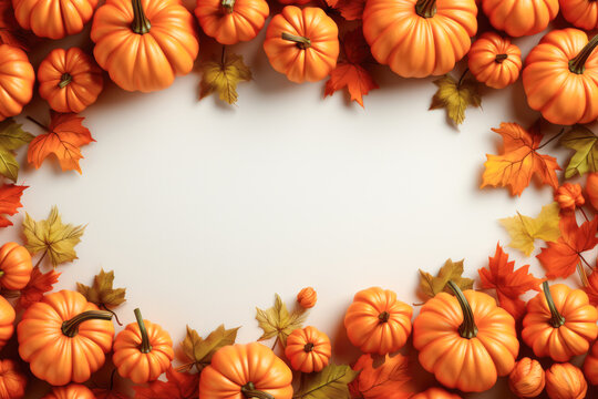 Flat lay Autumn frame with decorative pumpkins and fallen leaves on a white background.