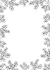 Fototapeta na wymiar Christmas fir tree wreath. Isolated winter holiday floral garland for greeting card, invitation. Evergreen spruce branches. Elegant hand drawn vintage engraving illustration, design, web banner