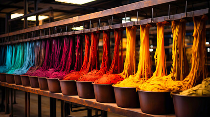Colorful display of organic dyes being mixed in a textile factory - obrazy, fototapety, plakaty