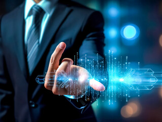 Close up of businessman hand holding digital hologram with blue lights on background. 