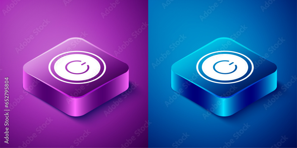 Poster isometric power button icon isolated on blue and purple background. start sign. square button. vecto
