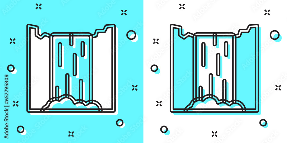 Poster black line waterfall icon isolated on green and white background. random dynamic shapes. vector