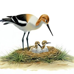 Watercolor painting of a female American Avocet taking care of her 2 chicks in a nest isolated on a white background