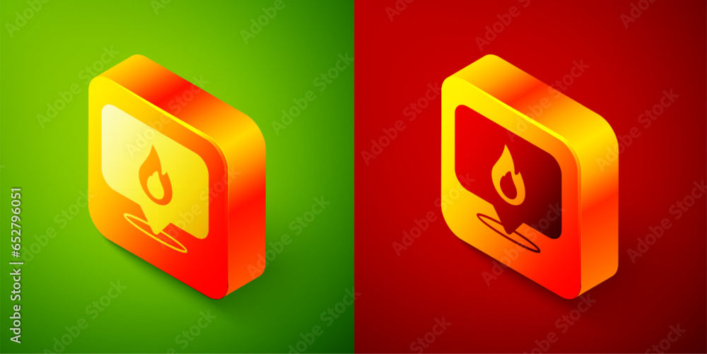Poster isometric map pointer with fire flame icon isolated on green and red background. fire nearby. square