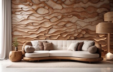 Brown Royal Sofa near Wavy Wooden 3D Wall, Modern Living Room, using Generative Ai