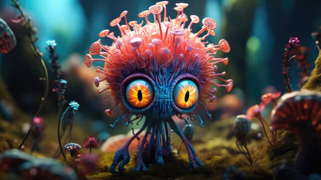 Tiny unseen world of dorky viral fungi monsters with big bulging eyes living life like nobody sees them on the forest floor, hidden mutated vegan mushrooms, not creepy but cute.   