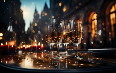 Champagne for christmas and new year parties on a dark background with gold glittering lights and bokeh