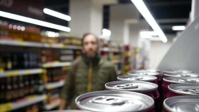 A buyer examines a can with beverage in a supermarket and takes a couple