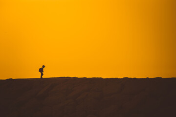 A little boy standing on the hill at sunset