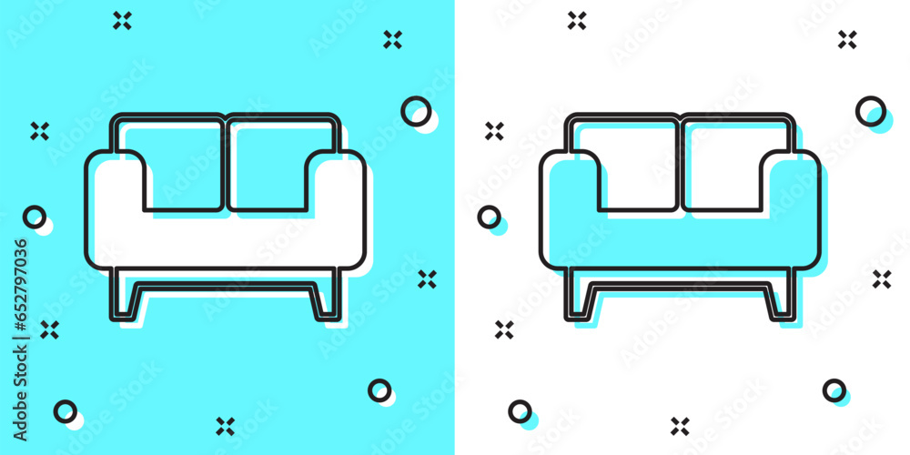Poster black line sofa icon isolated on green and white background. random dynamic shapes. vector
