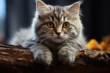 Cute Persian kitten outdoors walking, sitting on a tree branch - Powered by Adobe