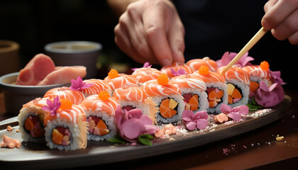 Freshness and cultures rolled up on a plate of sushi generated by AI