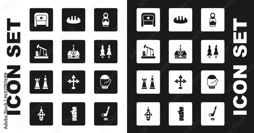 Sticker Set Russian doll matryoshka, King crown, Oil pump or pump jack, Ushanka, Christmas tree, Bread loaf, mitten and Chess icon. Vector