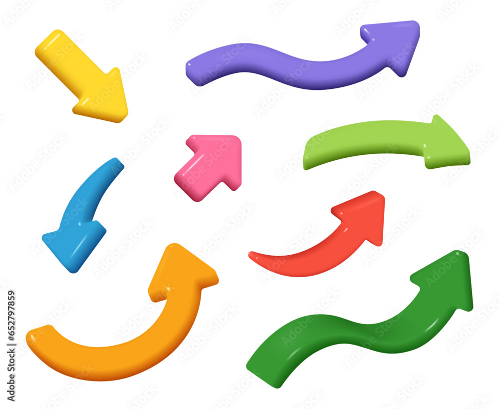 Poster 3d arrows, colorful pointers to left and right, destination and direction symbols. Color curly arrows, target or goal, collection of arrow shapes, web design elements