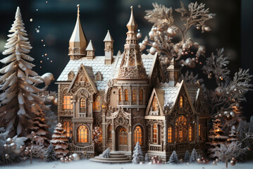 Fototapeta premium Miniature fairy-tale house with Christmas trees