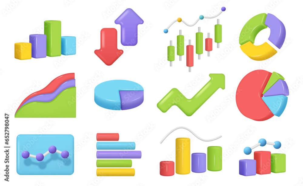 Aufkleber Charts and diagram icon set. Color pie and candlestick Chart. Planning and statistics. Isolated 3d icons, objects for financial statistics data analysis, visualization and investment graphs