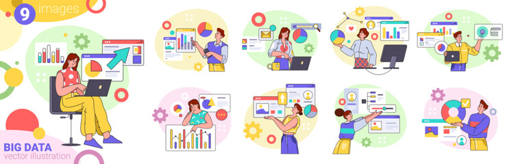 People working with big data, vector illustration flat cartoon set. Vector man and woman online communication, analytics. Analyzing and auditing business processes, management and multitasking
