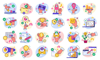 Business process vector set of icons related to team work and human resource management. Startup and project start, winner champion and strategy of management and development, command work
