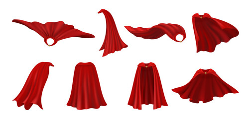 Cloak shoulders covering, isolated set of clothing in realistic design. Costume or suit outfit. Red manteau, cape or mantle part of apparel. Vector superhero costume, rescue coat of satin - obrazy, fototapety, plakaty