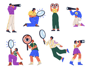 Cartoon people searching with magnifying glass, binoculars. Vector illustration of curious characters looking through loupe lens. Man and woman with magnifier find information, research concept - obrazy, fototapety, plakaty