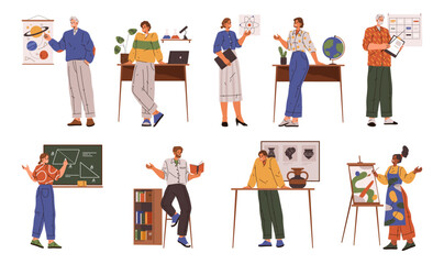 Cool teacher of geometry of arts, people trainers. Vector geometry and literature, arts and mathematics teacher near chalkboard, astrology teacher in classroom, flat cartoon people study and education