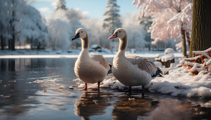 Obraz premium geese on the lake in a snowy forest during winter time. Winter landscape. Winter paysage. Frozen lake. geese in winter time. Duck.