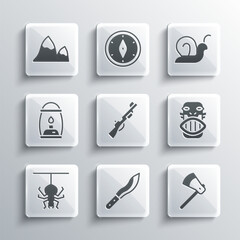 Set Machete, Wooden axe, Mexican mayan or aztec mask, Hunting gun, Spider, Camping lantern, Mountains and Snail icon. Vector