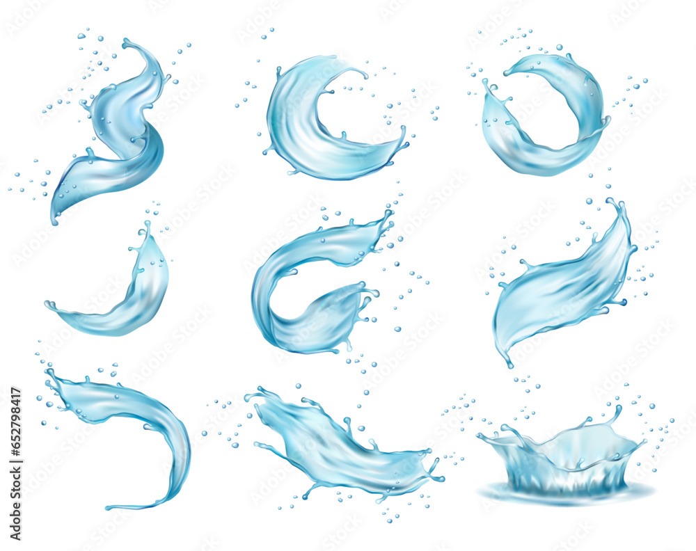 Poster water crown splashes and wave swirl with drops, realistic design. vector clear aqua falling or pour 