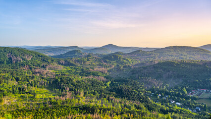 View of the summer landscape of the Lusatian Mountains from the viewpoint on the Klic Mountain. Czech Republic