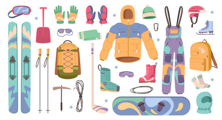 Vector winter sport equipment cartoon set. Illustration of ski and curling, skates and warm clothes helmet and skating goggles, mittens and sticks. Extreme sport equipment flat elements - obrazy, fototapety, plakaty