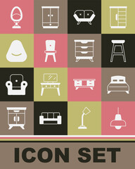 Set Lamp hanging, Big bed, Chair, Sofa, Pouf, Armchair and Furniture nightstand icon. Vector