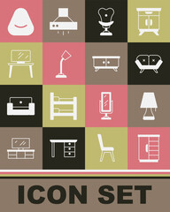 Set Wardrobe, Table lamp, Sofa, Armchair, TV table stand, Pouf and Furniture nightstand icon. Vector