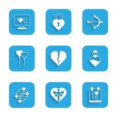 Set Broken heart or divorce, Candy in shaped box, Calendar with February 14, Bottle love potion, Balloons form of, Bow arrow and Speech bubble text I you icon. Vector