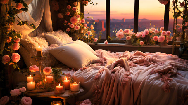 Fototapeta Romantic bedroom with lace drapes and soft hues.