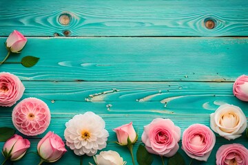 pink roses on wooden background generated by AL technology